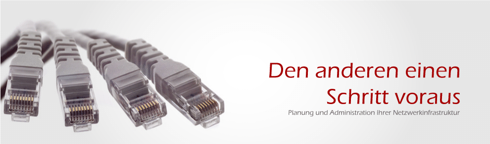 Links auf dem Bild liegen 4 Netzwerkkabel, daneben steht "Den anderen einen Schritt voraus, darunter steht Planung und Adminstration Ihrer Netzwerkinfrastruktur.